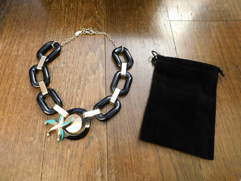 Giorgio Armani Couture Black Resin Teal Gold Enamel StarFish Pendant Necklace